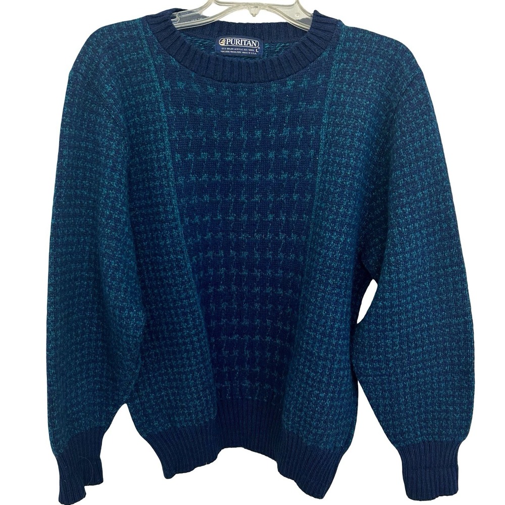 Vintage Puritan wool houndstooth sweater Green & Blue Men's L NWOT Y2K Grandpa‎